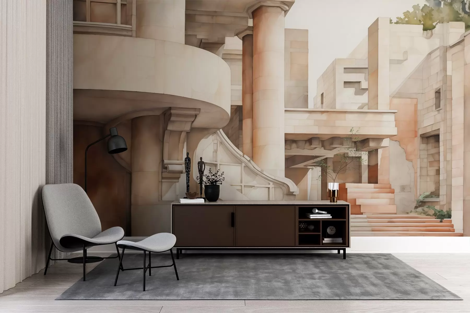 Fototapeedid Treppide ja sammastega hoone akvarelli imitatsiooniga w02498