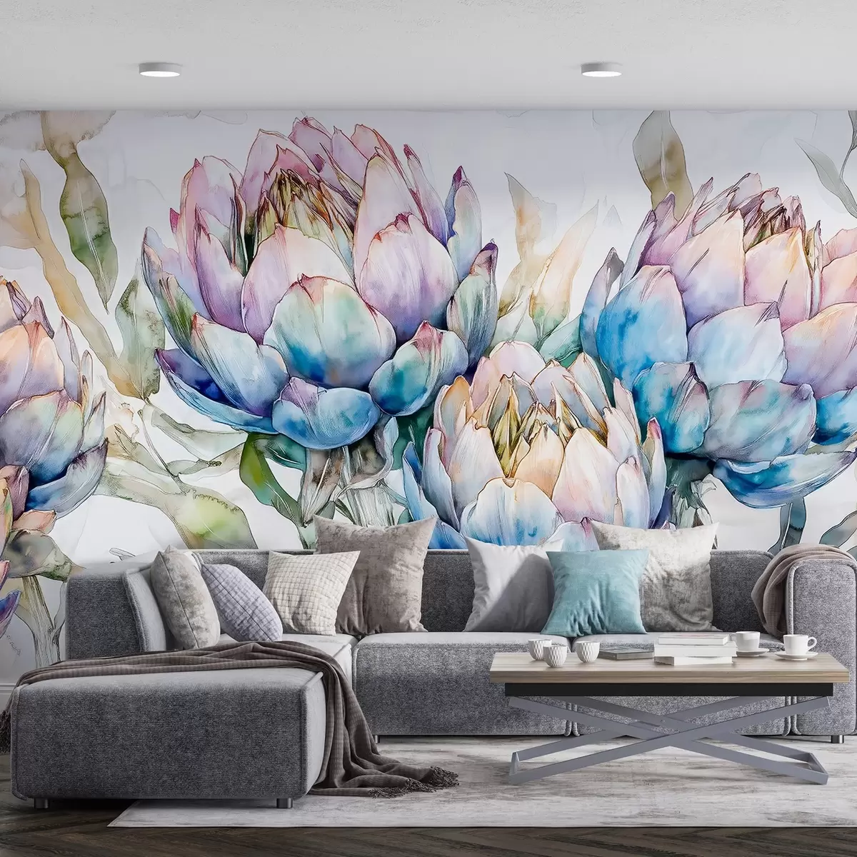 Fototapeedid Artišokid joonistus, akvarellstiilis, lilleline, lilla, beež, roheline w02484