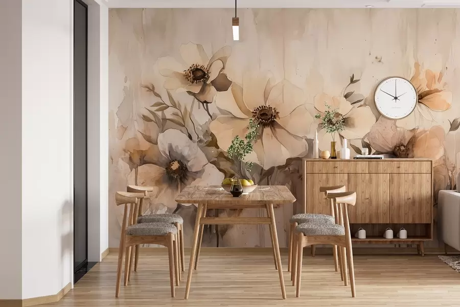 Fototapeedid Maalilised lilled, akvarellstiilis joonistus, beežid värvid w02487