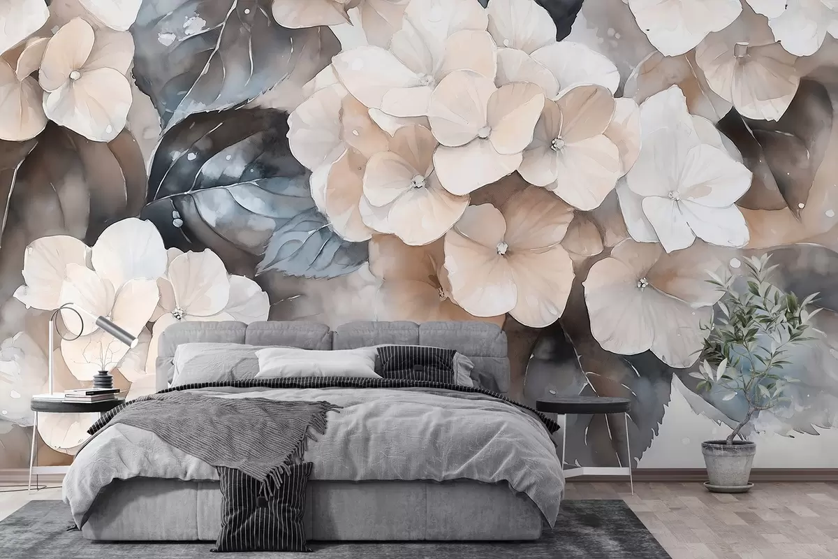 Fototapeedid Hortensialilled, akvarellstiilis joonistus, beežid värvid, lilleline w02488