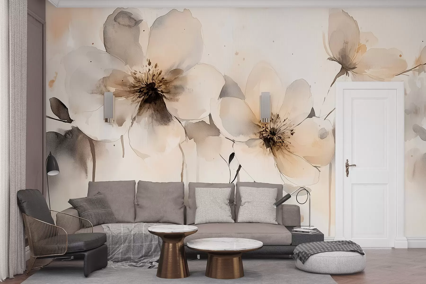 Fototapeedid Niidu lilled, akvarellstiilis joonistus, beež värvipalett  w02489