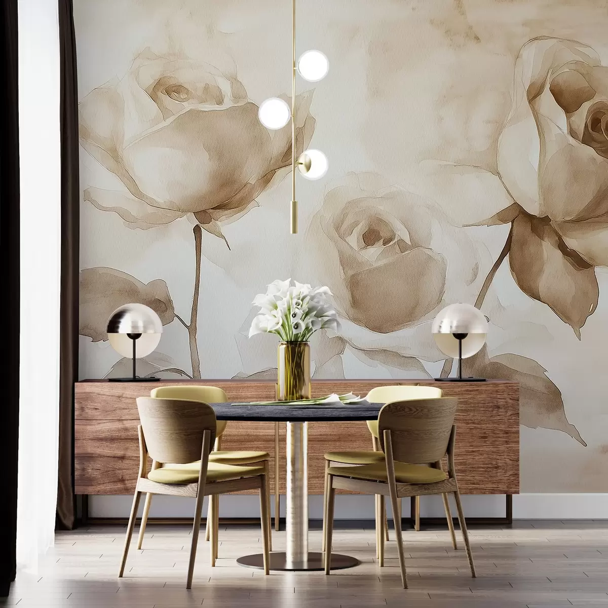 Fototapeedid Beežid roosid, lilled, pehme akvarelljoonistus, rustikaalne, boheemlaslik w02490