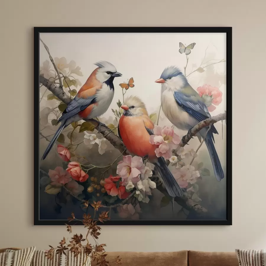 Fototapeedid Linnurühm lilledega oksal f38103