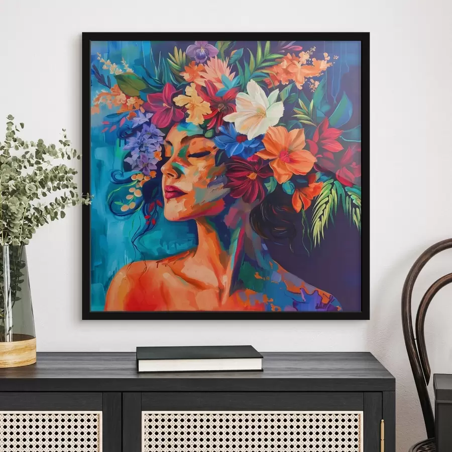 Fototapeedid Pilt, millel on kujutatud lilledega naine oma juustes f38574