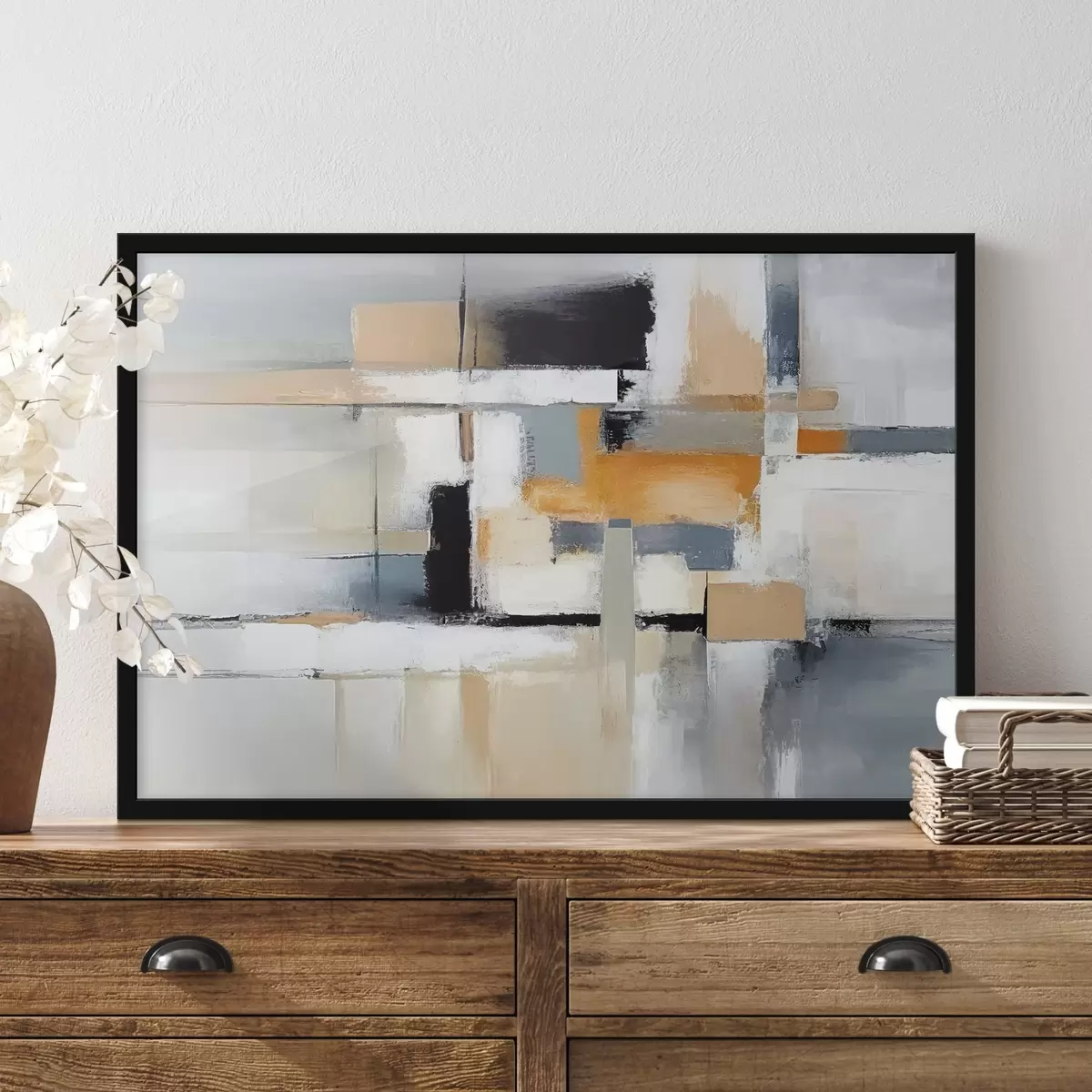 Plakat Beeži ja halli värvi abstraktne oranžide ja valgete kudumitega f36624