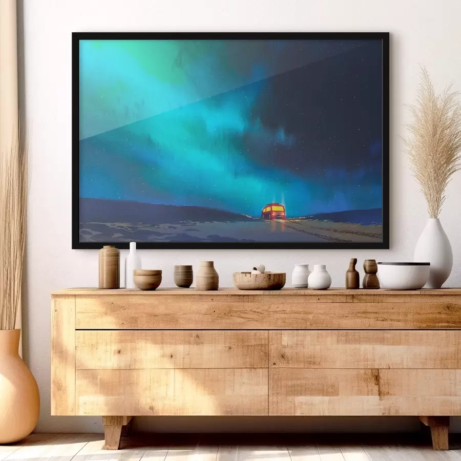 Fototapeedid Buss lumisel teel koos tuledega taevas f37111