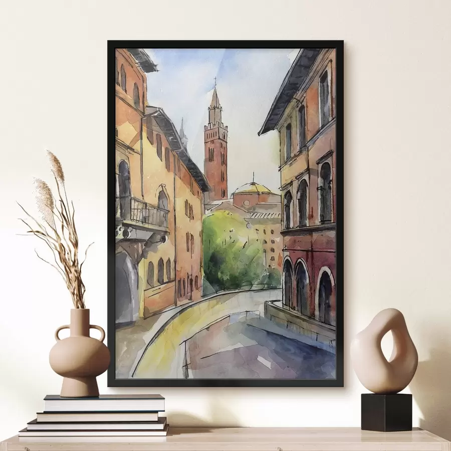 Fototapeedid Akvarellmaal tänava hoonete ja puudega f36684