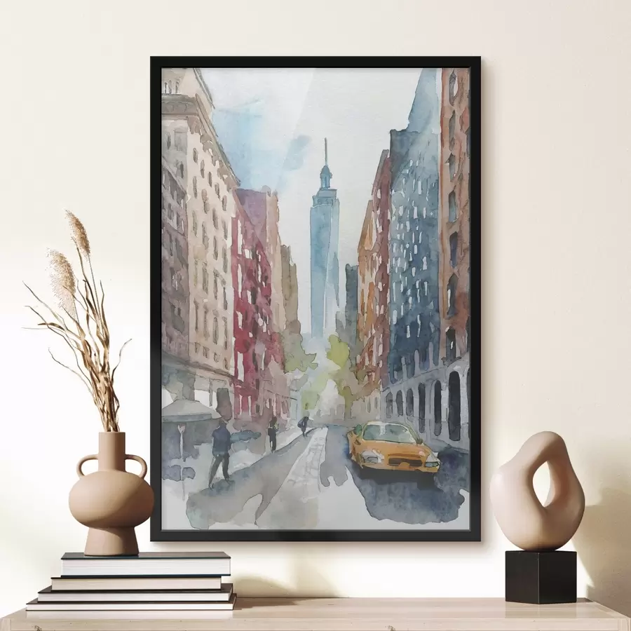 Fototapeedid Akvarell, millel on kujutatud tänav koos hoonete ja kõrge torniga taustal f37346