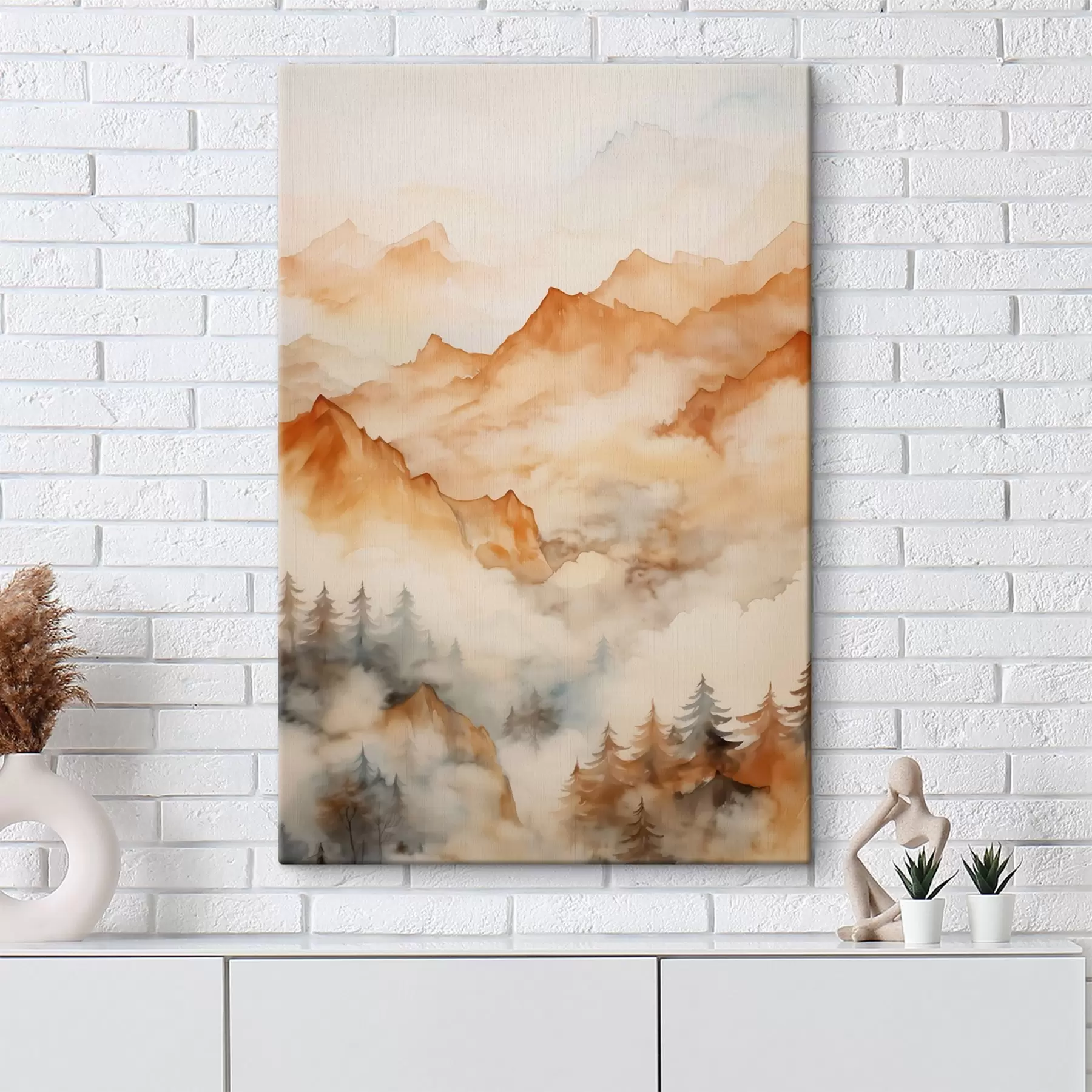 Pilt Mets ja mäed akvarelli imitatsioon, oranžid toonid s42119