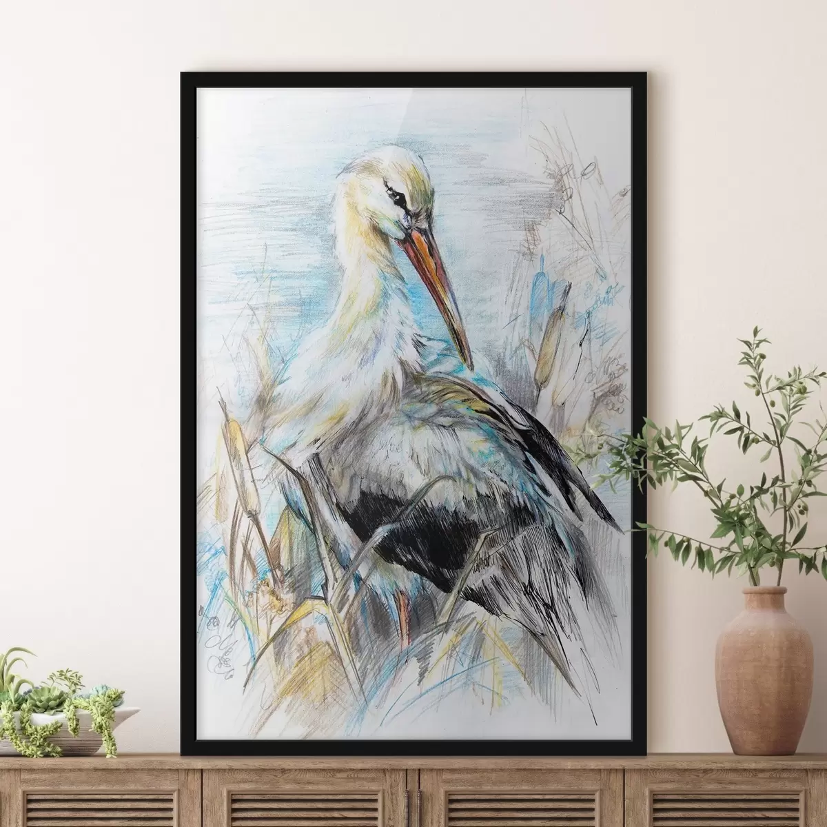 Plakat Haigur vee ääres kuivade taimede keskel f34607