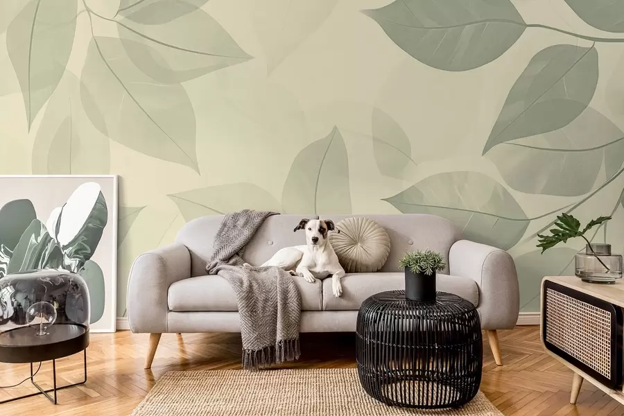 Fototapeedid Roheliste lehtedega oksad pehmel beežil taustal w08502v2