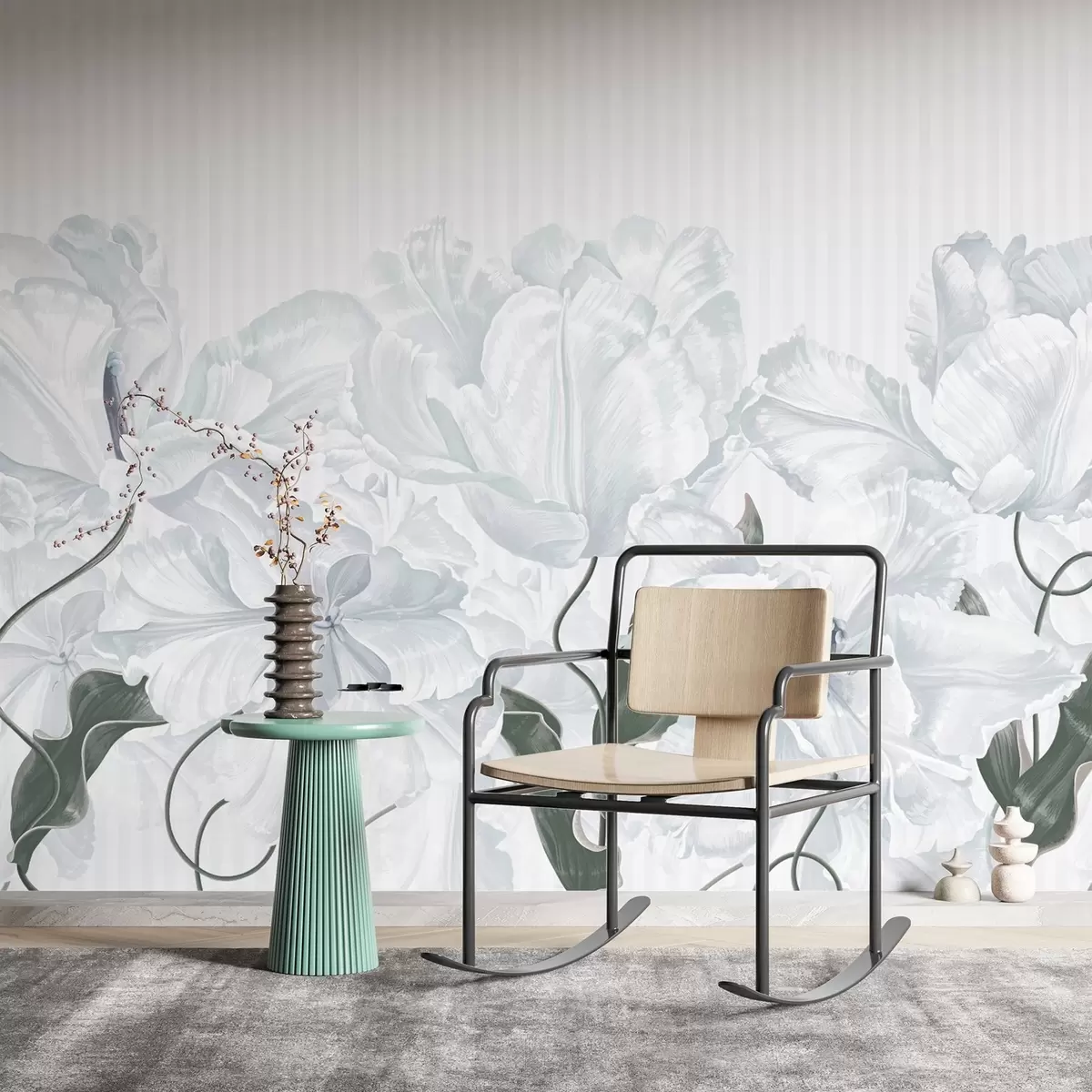 Fototapeedid õrnad hallid lilled triibulisel taustal w02565v1