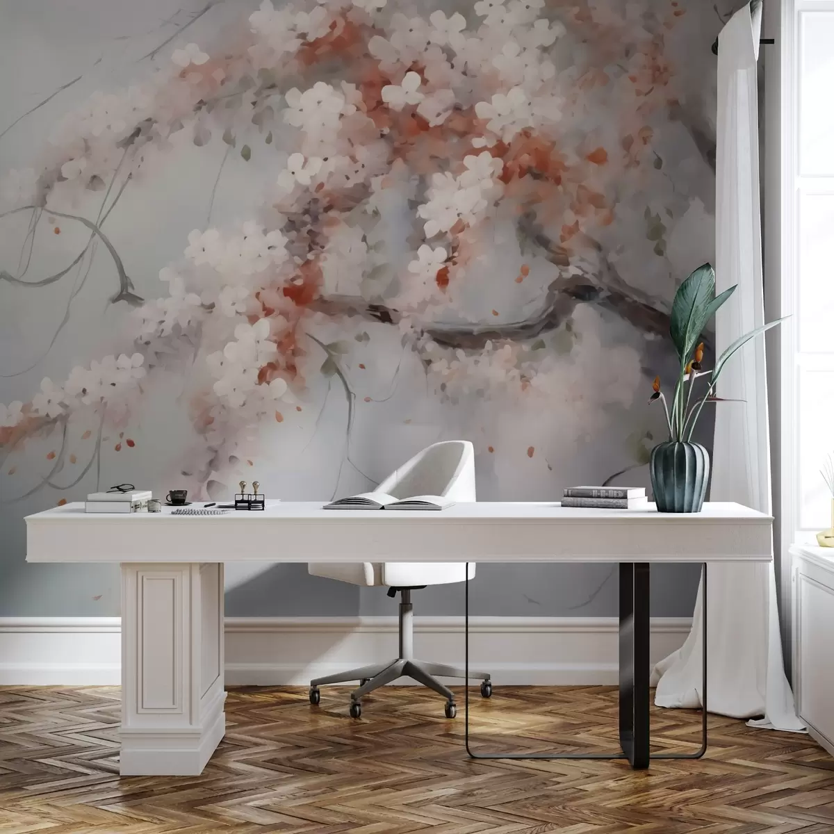 Fototapeedid Abstraktne haru valge ja punaste lilledega, mis imiteerib maali w02594