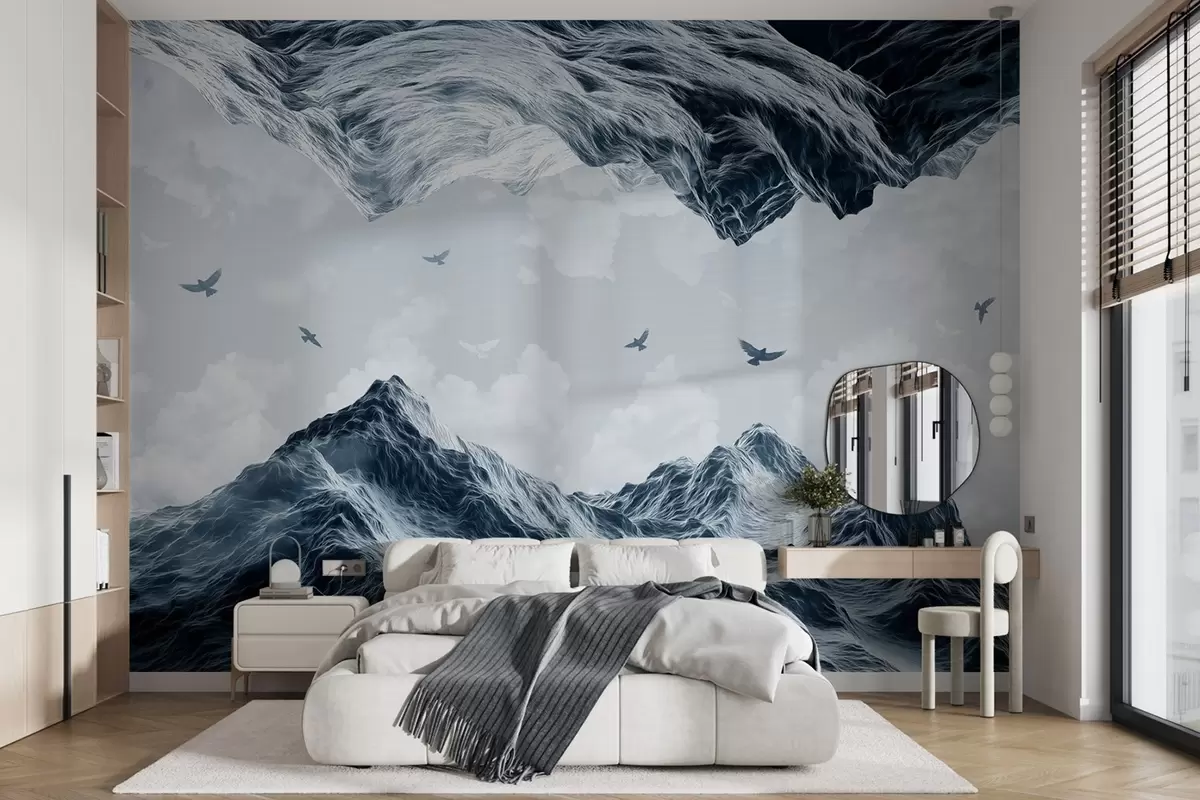 Fototapeedid Mäed, maastik, realism, lendavad linnud, loodus, pilved, sinised värvid w02514v1