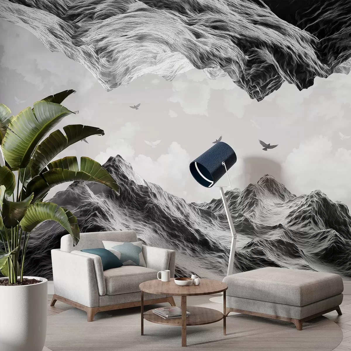 Fototapeedid Mägimaastik, realism, lendavad linnud, loodus, pilved, must-valged värvid w02514