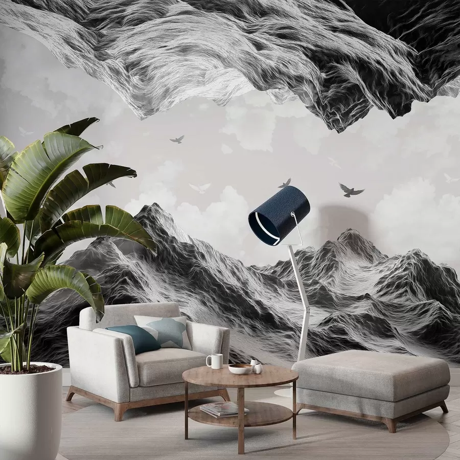 Fototapeedid Mägimaastik, realism, lendavad linnud, loodus, pilved, must-valged värvid w02514