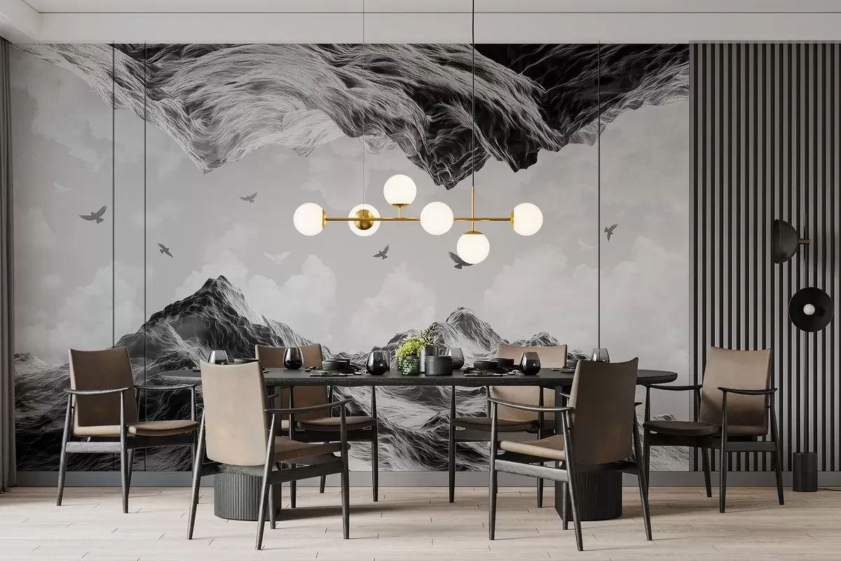 Fototapeedid Mägimaastik, realism, lendavad linnud, loodus, pilved, must-valged värvid w02514