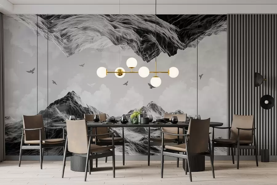 Fototapeedid Mägimaastik, realism, lendavad linnud, loodus, pilved, must-valged värvid w02514