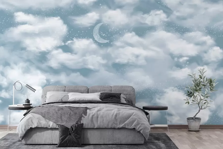 Fototapeedid Tähtede taevas koos kuu ja pilvedega, unenäoline, eeterlik, pehmed sinised värvid w02515v1