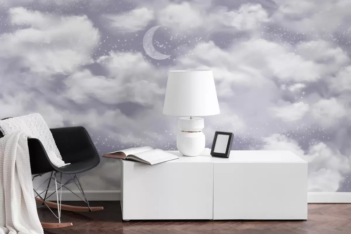 Fototapeedid Tähtede taevas koos kuu ja pilvedega, unenäoline, eeterlik, pehmed lillad värvid w02515v4