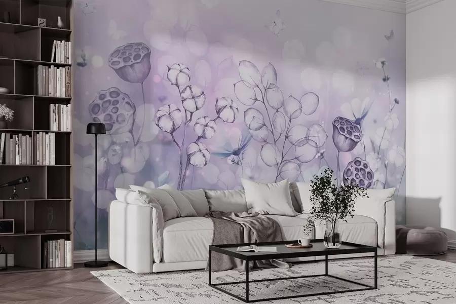 Fototapeedid Unenäoline lilleaed, liblikas, puuvillased lilled, lootosid, lillad värvid w02516v1