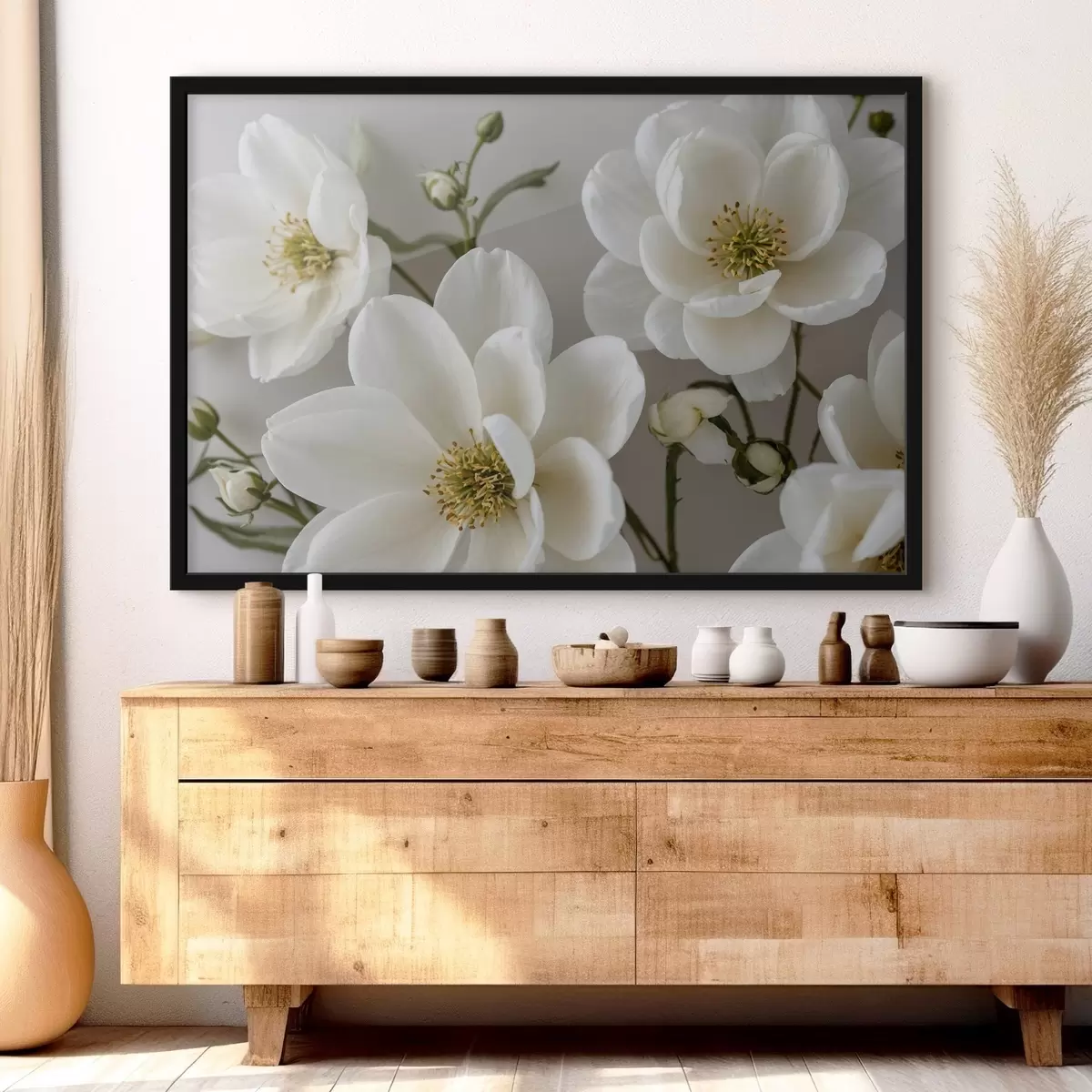 Plakat Valged lilled ja varred heledal taustal f42097