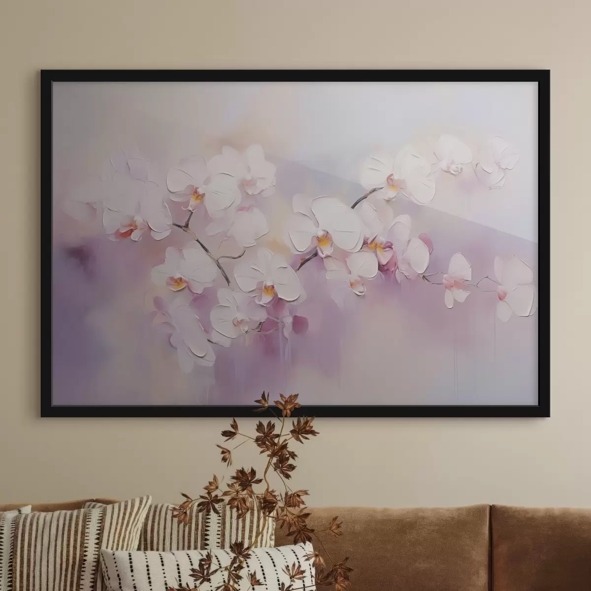 Plakat Haru valge orhideedega, mis imiteerib maali f42141