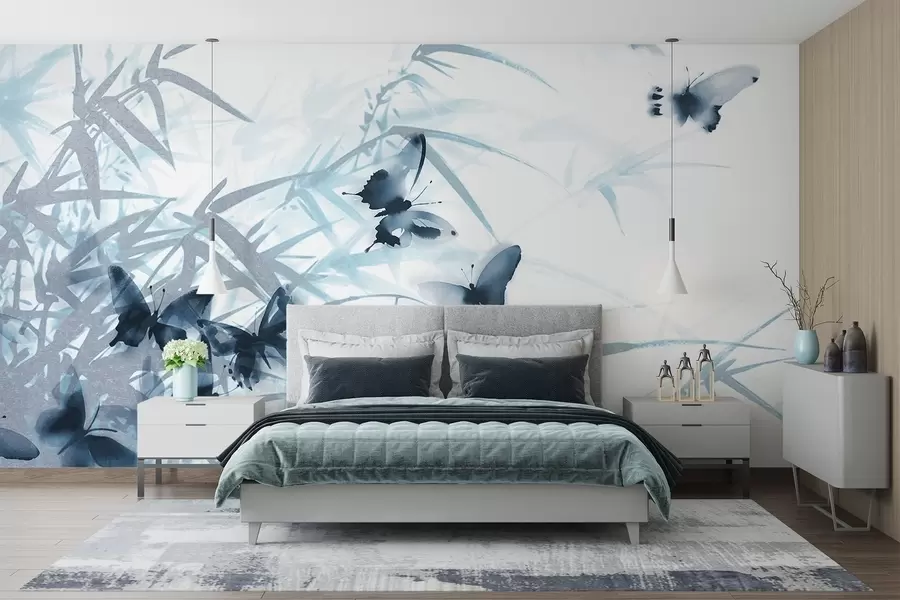 Fototapeedid Tekstuursed bambuslehed ja -varred koos läbipaistvate tiibadega lendavate siniste liblikatega w08524