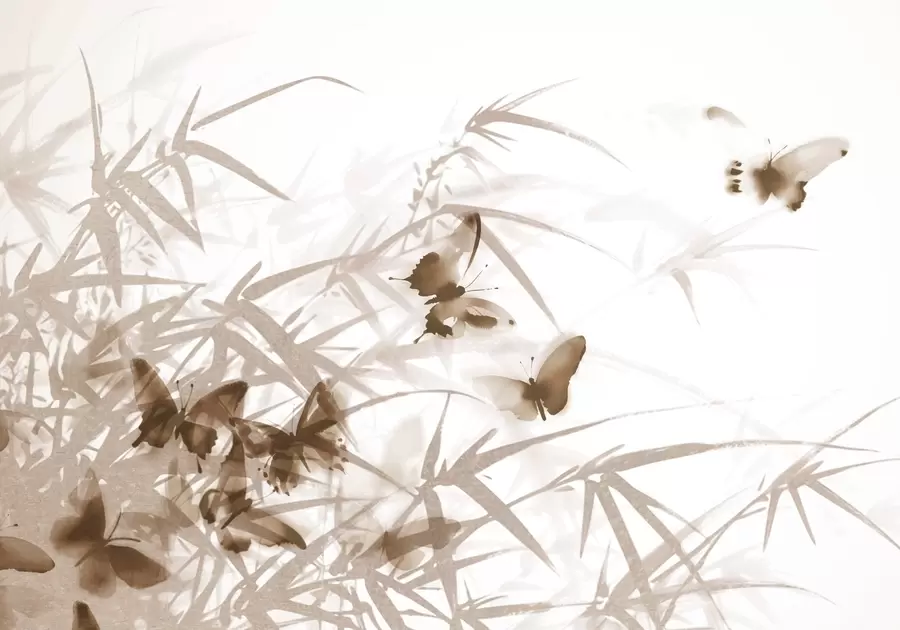 Fototapeedid Tekstuursed bambuslehed ja -varred koos läbipaistvate tiibadega lendavate pruunide liblikatega w08524v1