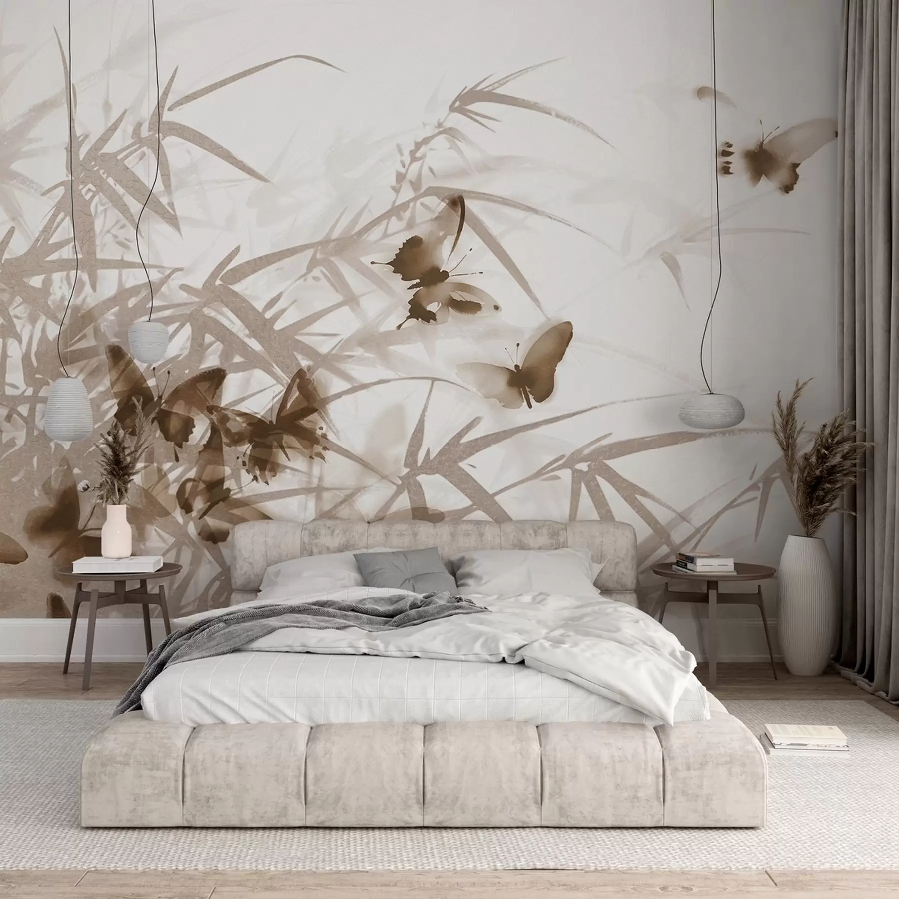 Fototapeedid Tekstuursed bambuslehed ja -varred koos läbipaistvate tiibadega lendavate pruunide liblikatega w08524v1