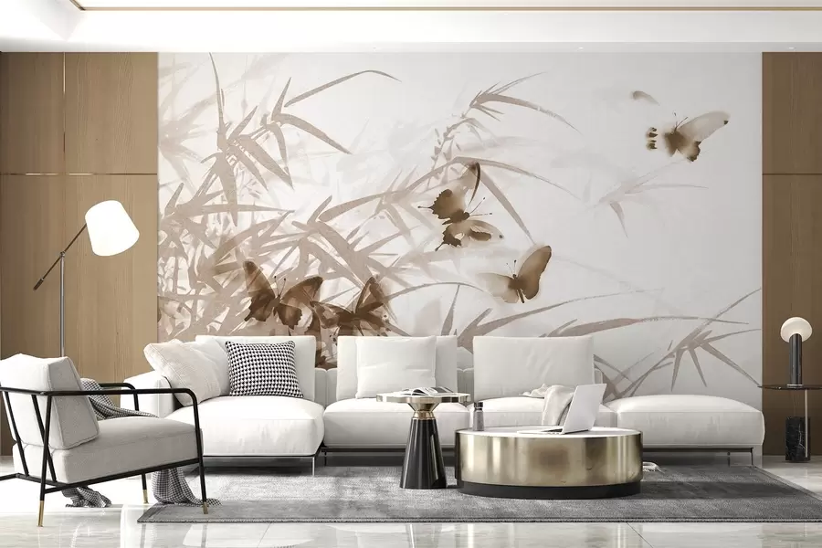 Fototapeedid Tekstuursed bambuslehed ja -varred koos läbipaistvate tiibadega lendavate pruunide liblikatega w08524v1