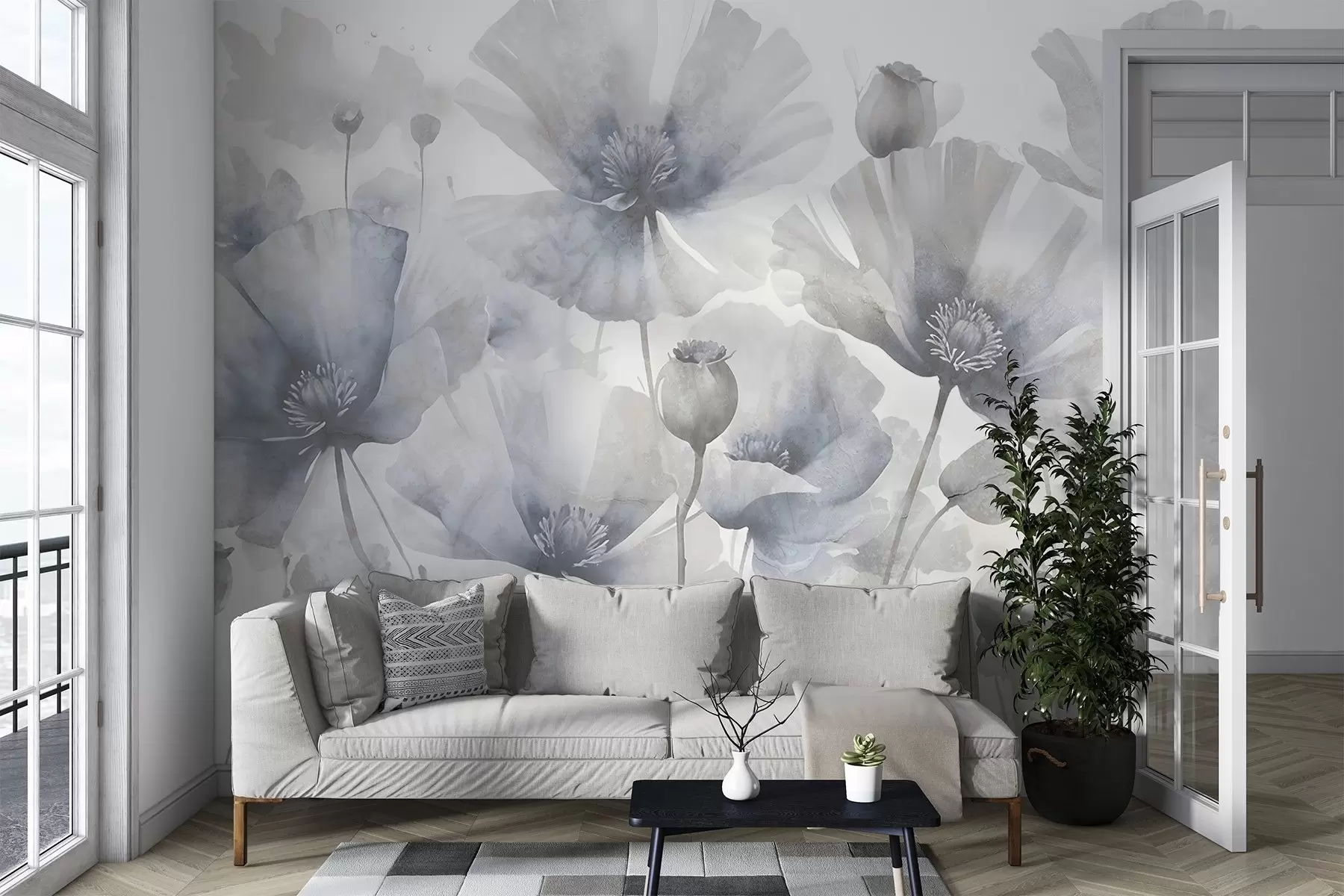 Fototapeedid Õrnade tekstuursete hallide ja valgete lillede pehme, hägune kroonlehtede tekstuur valge taustal w08526