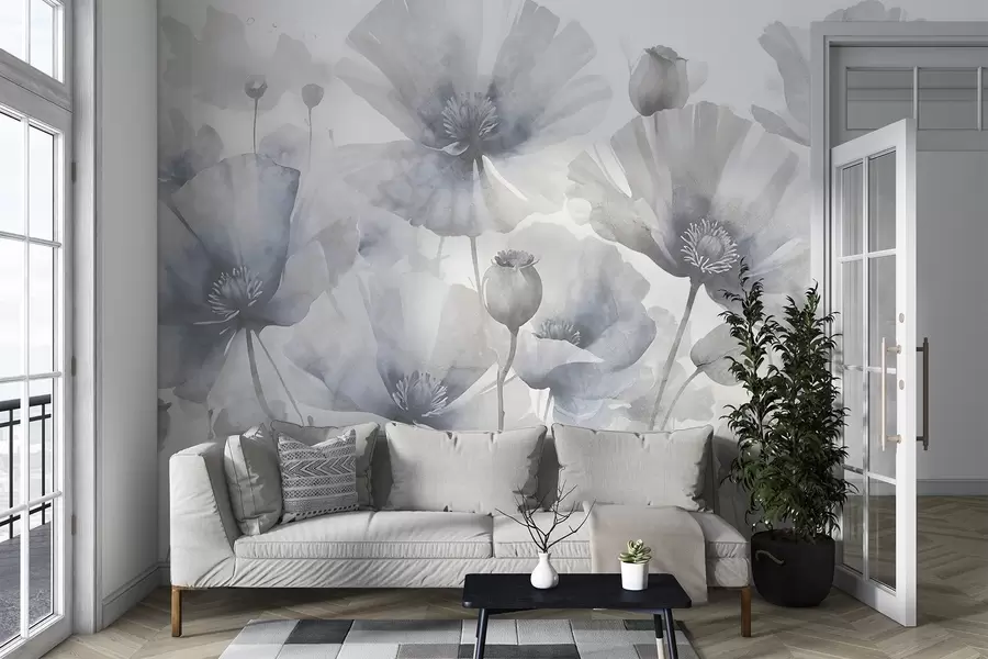Fototapeedid Õrnade tekstuursete hallide ja valgete lillede pehme, hägune kroonlehtede tekstuur valge taustal w08526