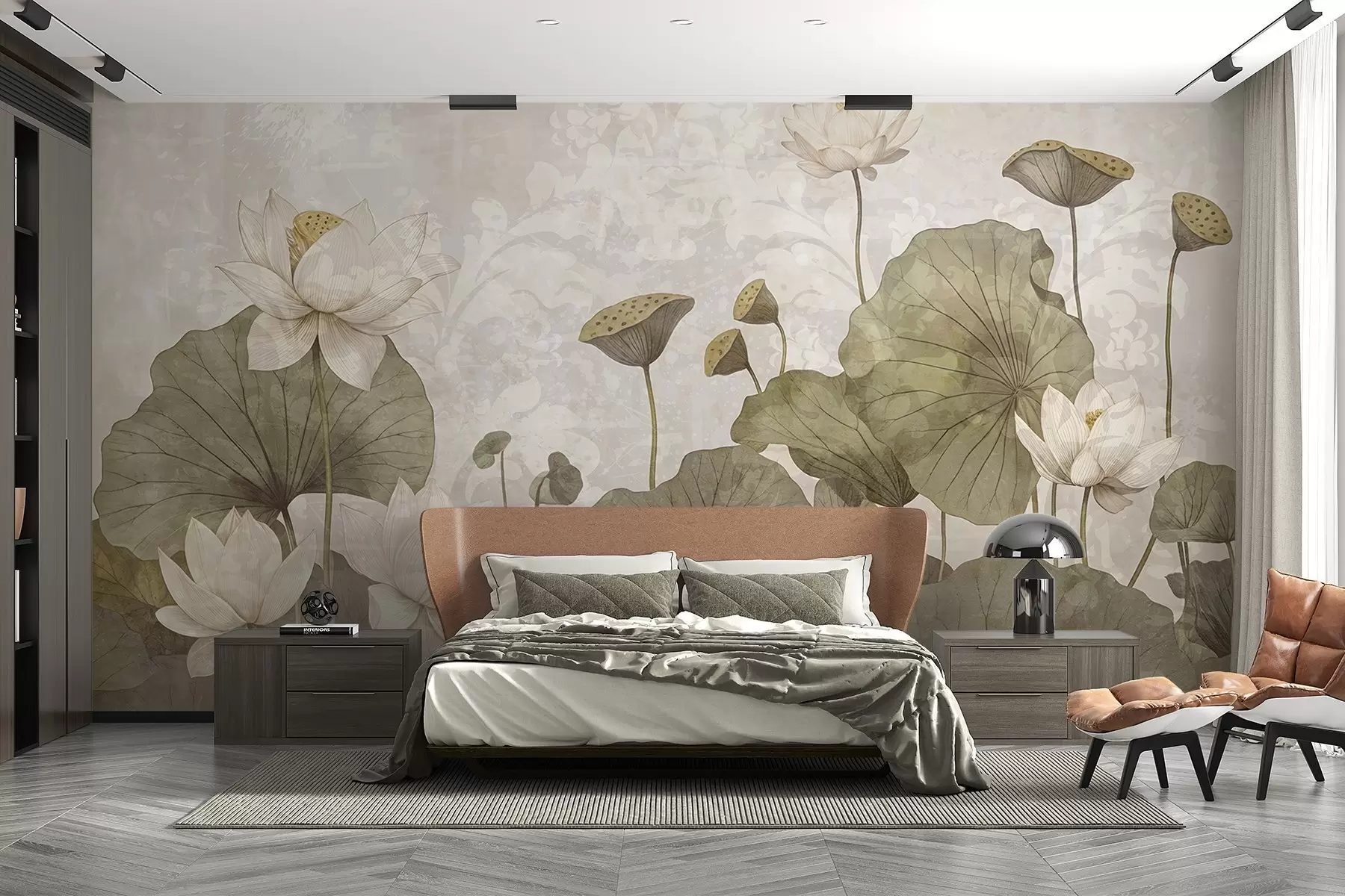 Fototapeedid Suurte roheliste lehtedega valgete lootoslillede väli pehmel, uduse tekstuuriga beežil taustal w08527
