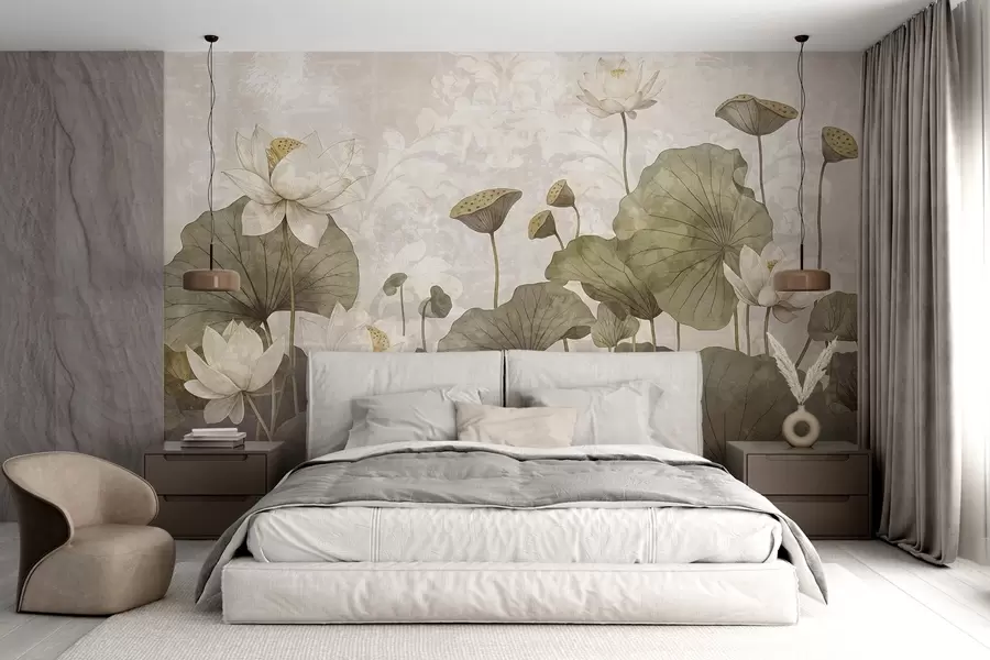 Fototapeedid Suurte roheliste lehtedega valgete lootoslillede väli pehmel, uduse tekstuuriga beežil taustal w08527