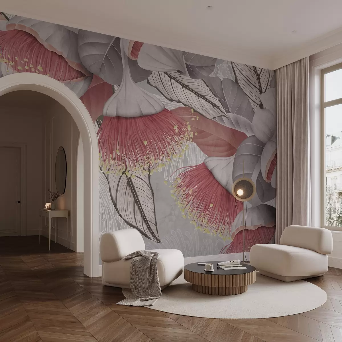 Fototapeedid Botaaniline illustratsioon suurte, eukaliptuse pikkade õiedega lillede kohta halli ja valge taustaga w08539