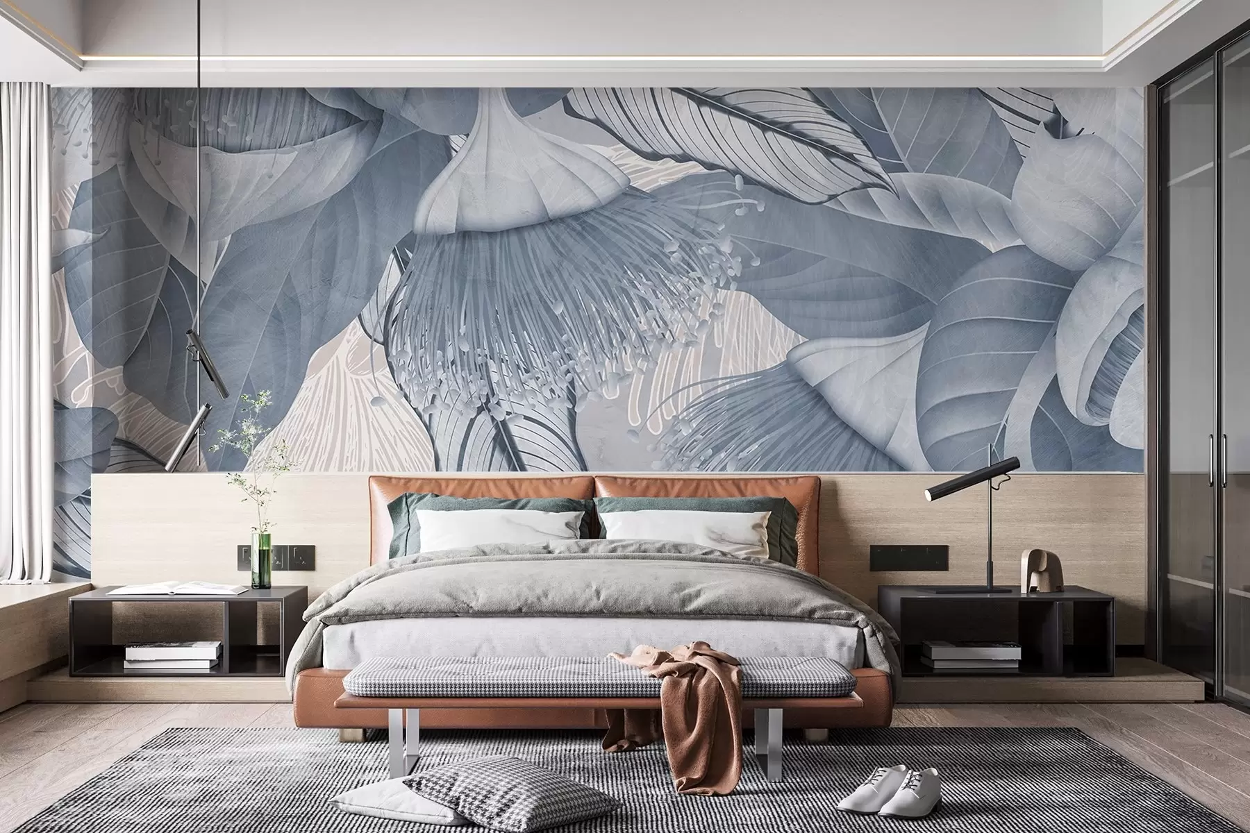 Fototapeedid Botaaniline illustratsioon suurtest, sinistest eukaliptuse lilledest pikkade õiedega halli ja valge taustaga w08539v1