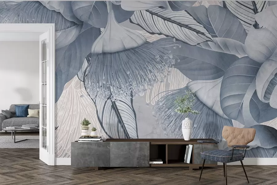 Fototapeedid Botaaniline illustratsioon suurtest, sinistest eukaliptuse lilledest pikkade õiedega halli ja valge taustaga w08539v1