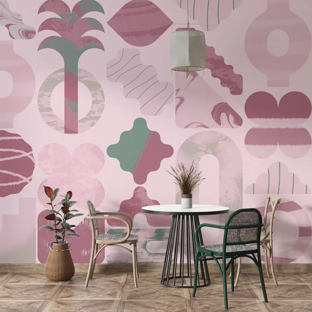 Fototapeedid erinevaid huvitavaid kujundeid, kaasaegset geomeetriat roosades värvides w02550