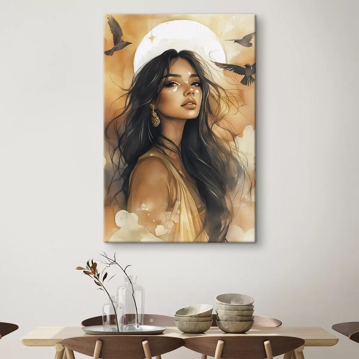 Pilt Naine lendavate lindudega, tribal, beežid värvid, päike s42196