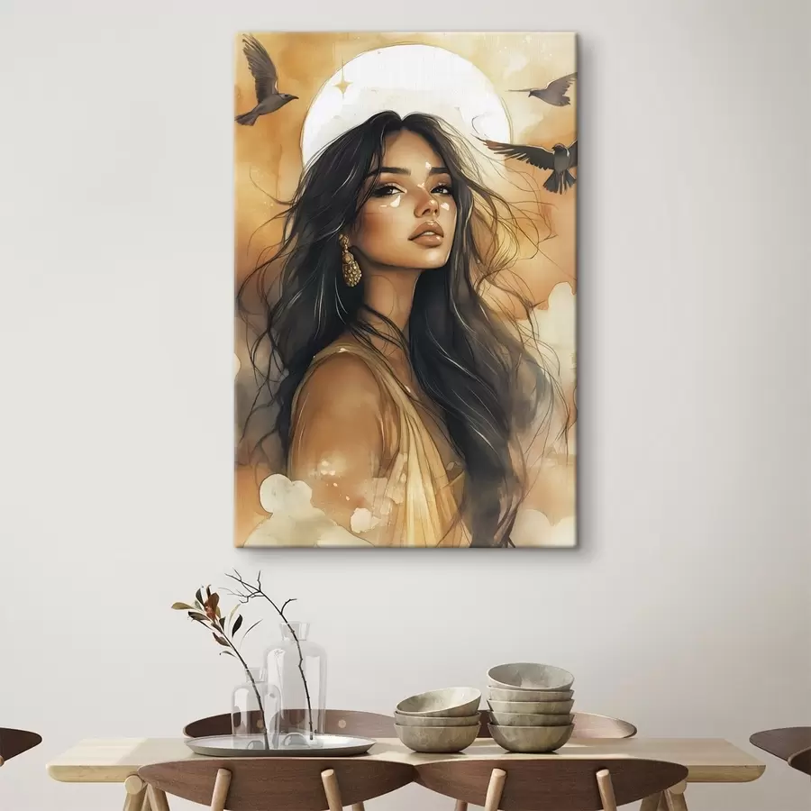 Pilt Naine lendavate lindudega, tribal, beežid värvid, päike s42196