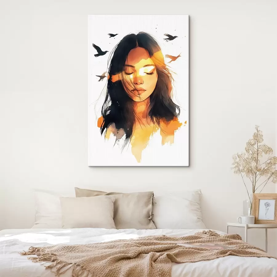 Pilt Akvarellstiilis portree, ilus tüdruk, päikesevalgus, lendavad linnud s42198