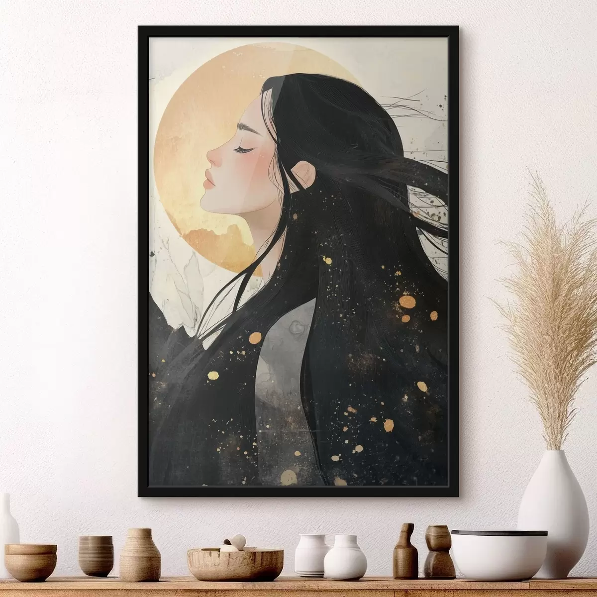 Plakat Ilus tüdruk tumedate juustega, idamaine stiil, päike f42194