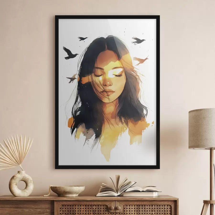 Fototapeedid Akvarellstiilis portree, ilus tüdruk, päikesevalgus, lendavad linnud f42198