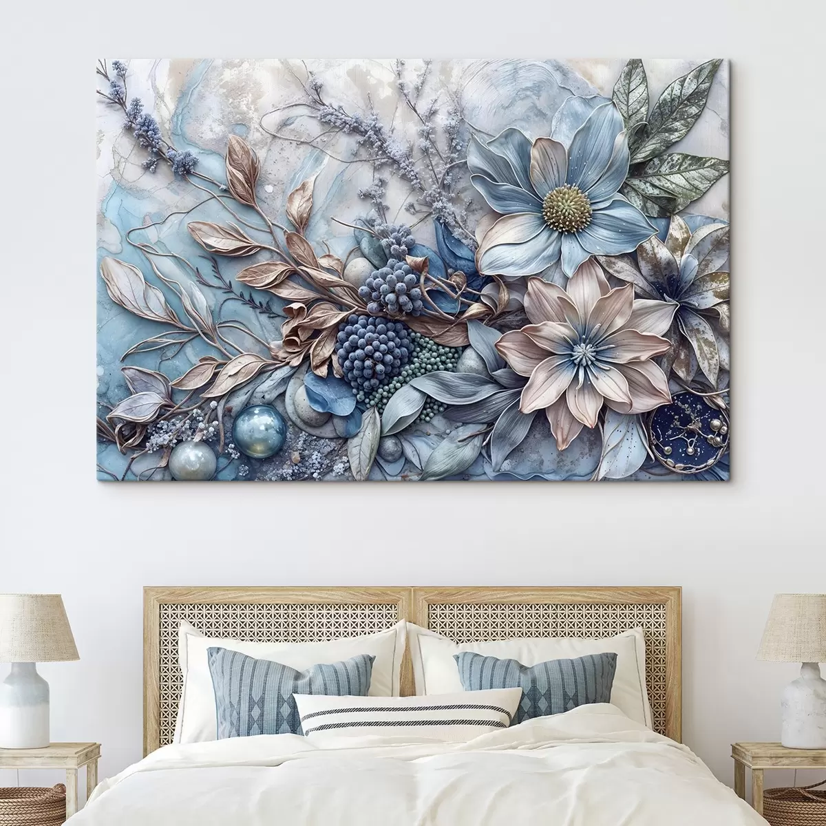 Pilt Detailne tekstuurne abstraktne lopsakas lilleline kujundus suurte, elava siniste ja roosade lillede, marjade ja muude botaaniliste elementidega  s42210