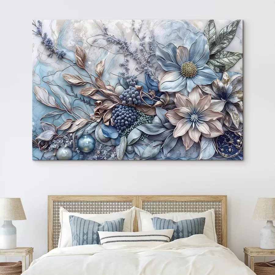 Pilt Detailne tekstuurne abstraktne lopsakas lilleline kujundus suurte, elava siniste ja roosade lillede, marjade ja muude botaaniliste elementidega  s42210