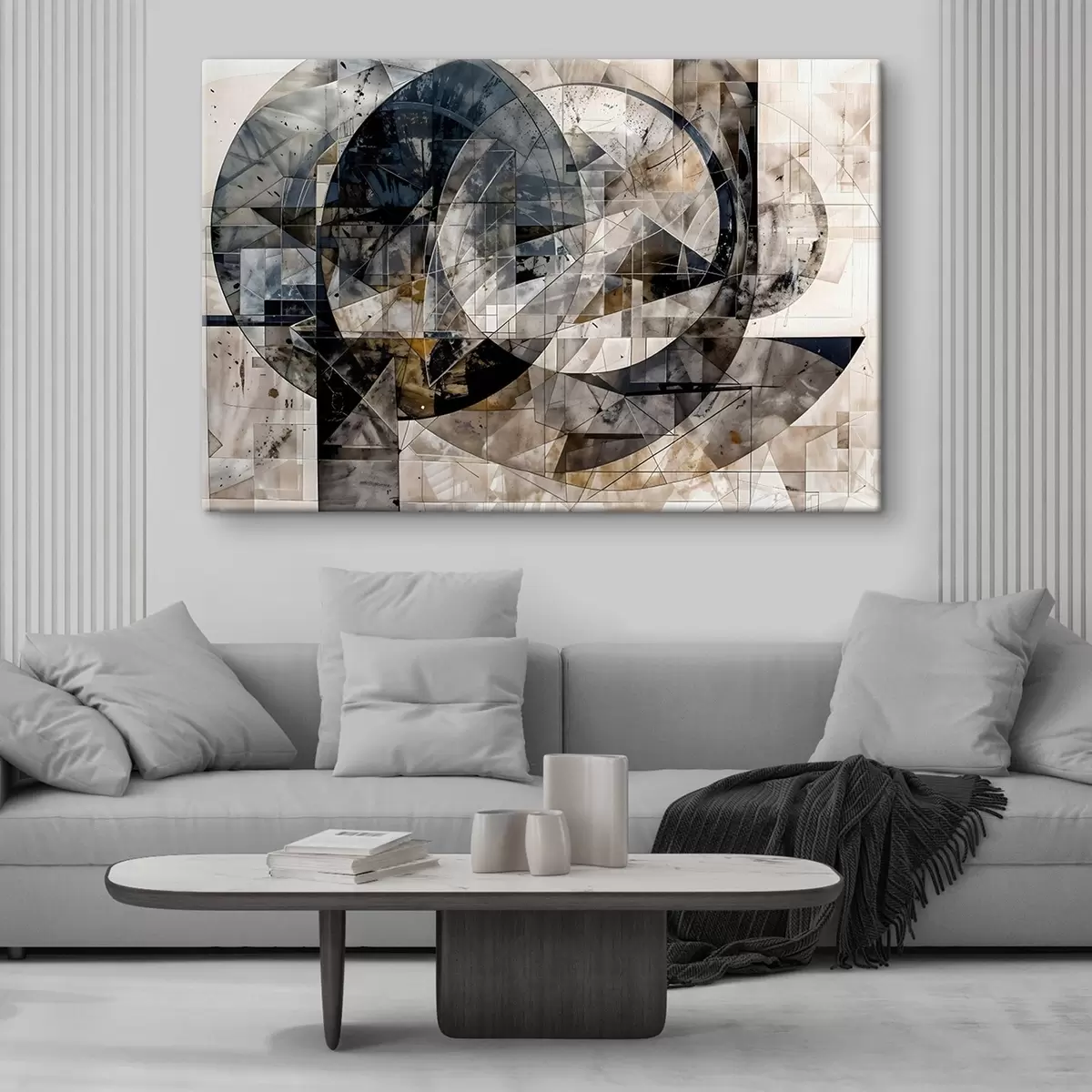 Pilt Abstraktne kaasaegne geomeetriline kompositsioon, millel on kattuvad kujundid ja trükk hallis, mustas ja beežis toonides s42212