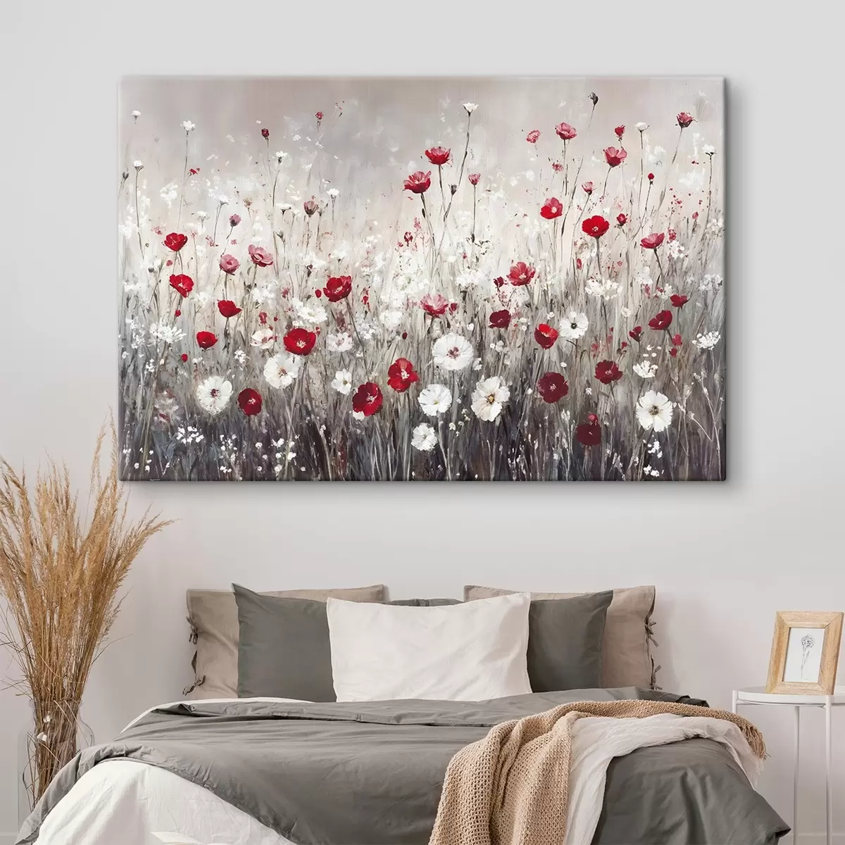 Pilt Abstraktne imitatsioon õlimaalide punaste ja valgete moonide ja päevakeste lillede väljale halli tekstuuritaustaga taustal s42213