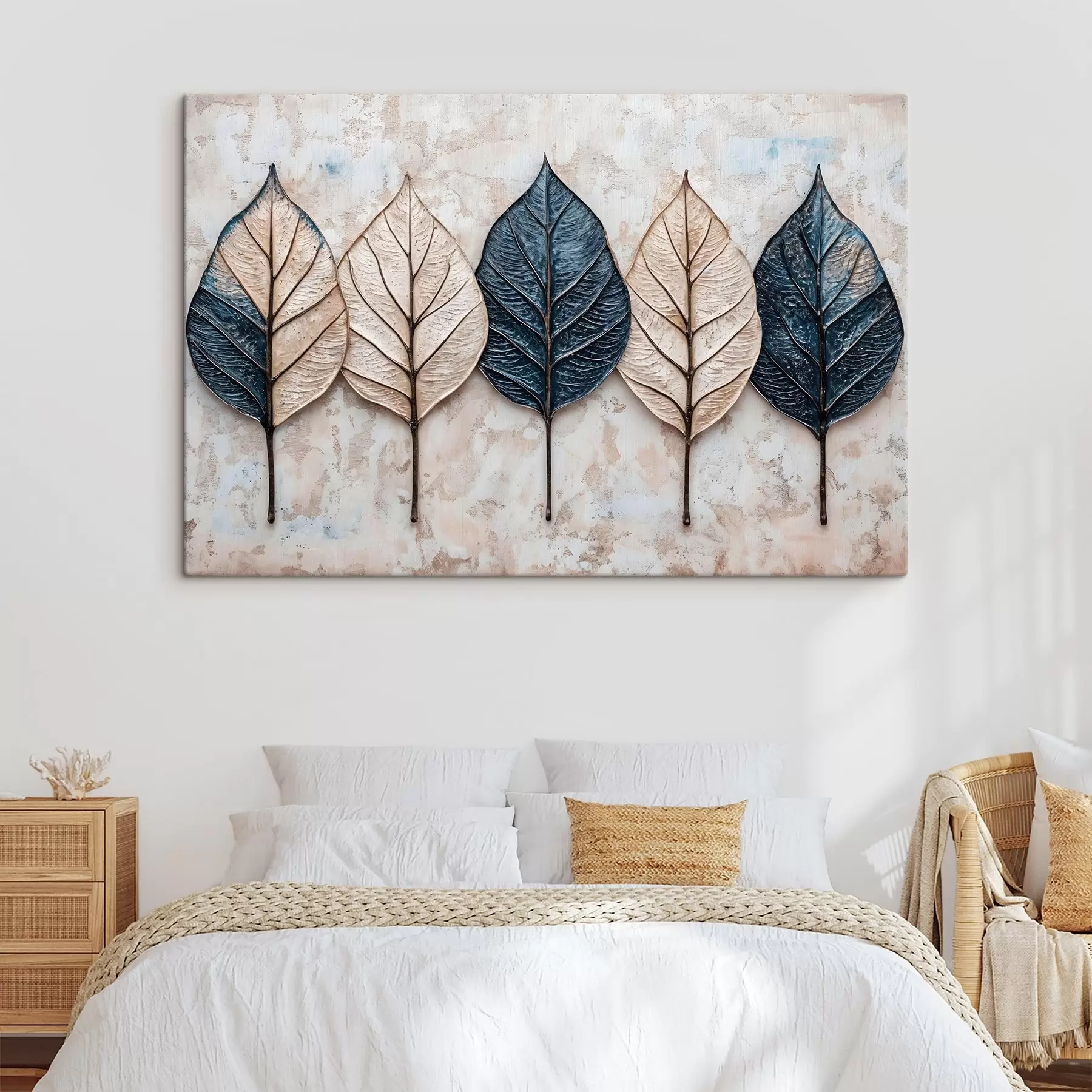 Fototapeedid Erinevates pruunides, beežides ja sinistes toonides sügiseseid abstraktseid lehti reas heledal taustal s42217