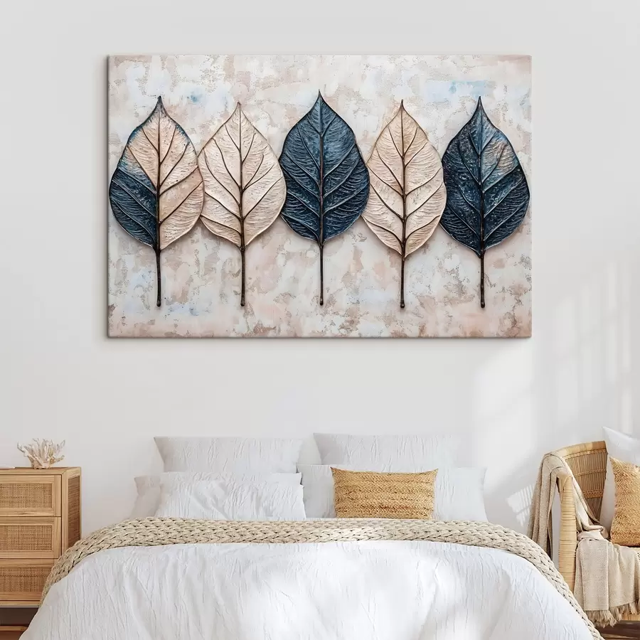 Pilt Erinevates pruunides, beežides ja sinistes toonides sügiseseid abstraktseid lehti reas heledal taustal s42217